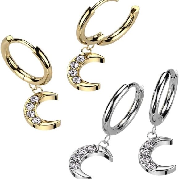 20GA Stainless Steel Crescent Moon CZ Hoop Earrings, Silver Tone, Pair - Picture 3 of 4